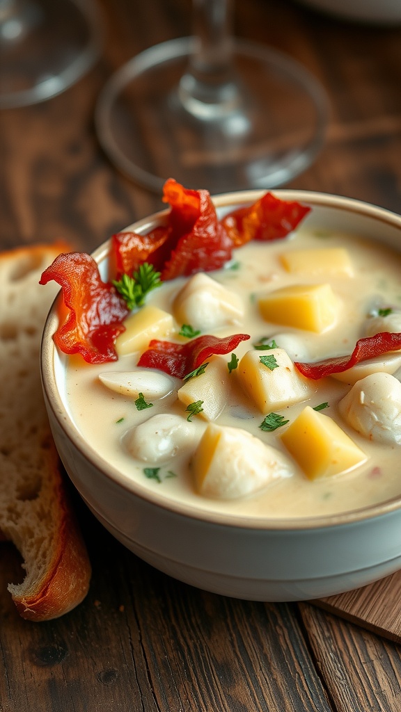 A bowl of creamy clam chowder with bacon and parsley, served with a slice of bread on a wooden table.
